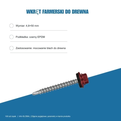 Wkręty farmerskie do blachy 4,8x50 mm do drewna – 100 szt., kolor do wyboru